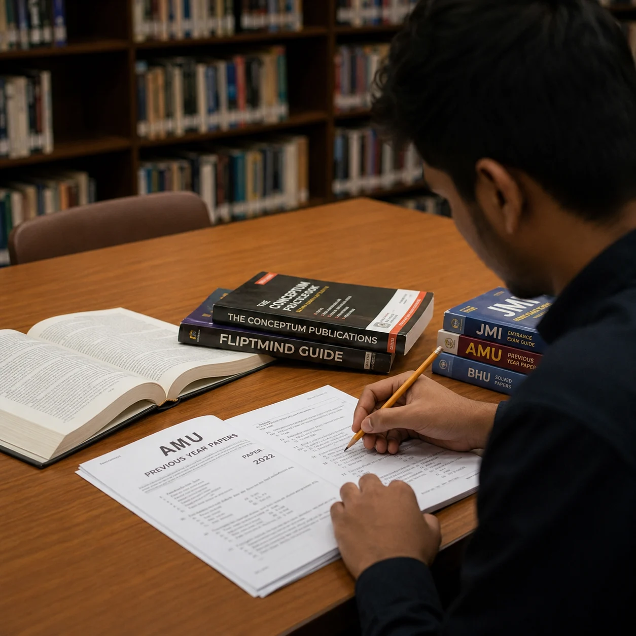 Students preparing for entrance exams with study resources